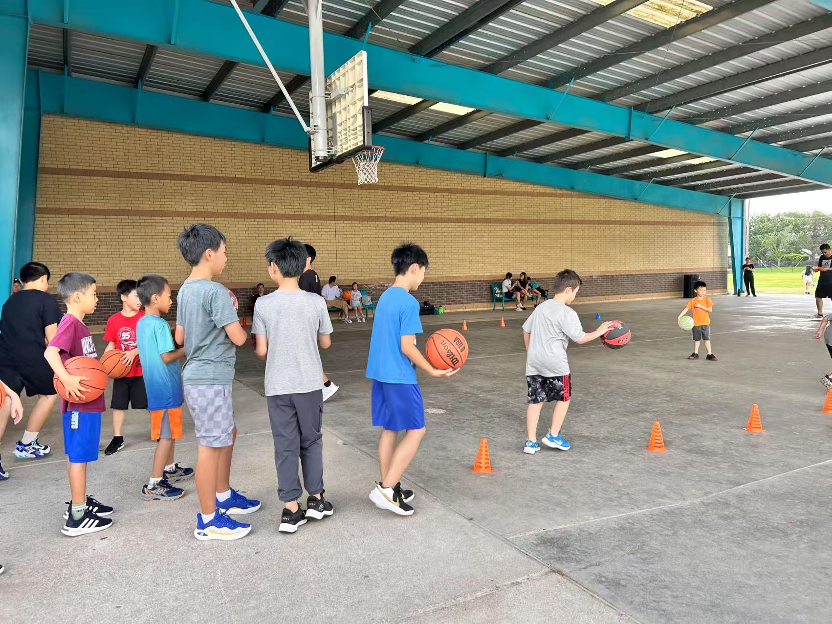 Children learning basketball skills